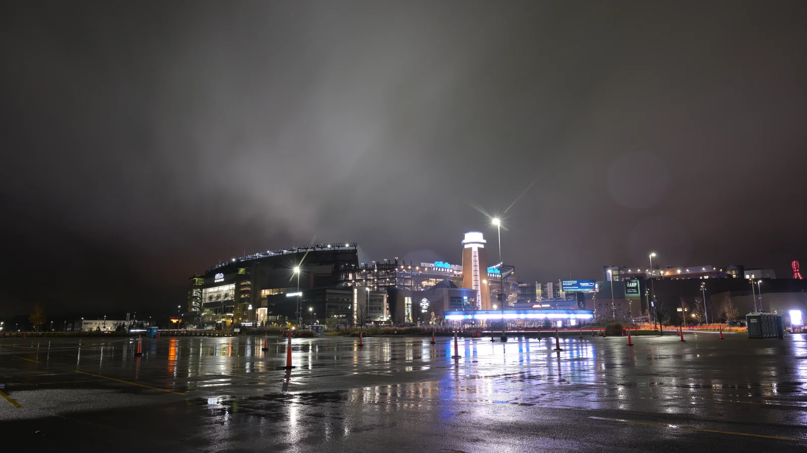 Gillette Stadium exterior at night in Foxborough, Massachusetts — Boston World Cup 2026 host venue