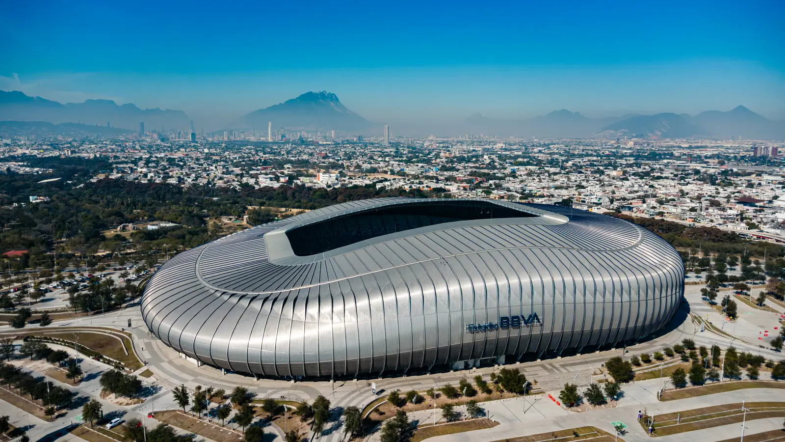 Estadio BBVA aerial view with Cerro de la Silla in the background — Monterrey World Cup 2026 host venue