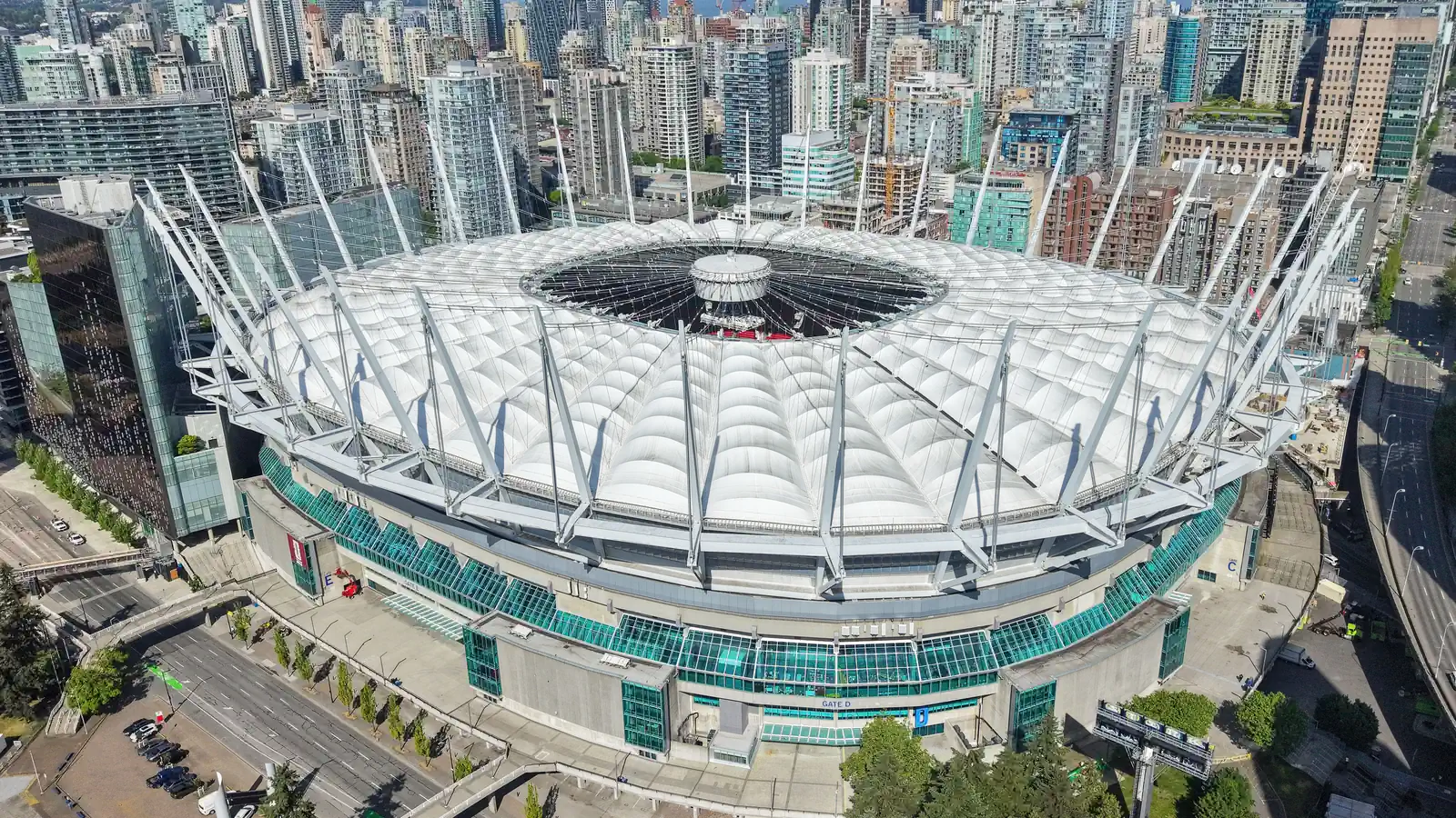 BC Place aerial view with the downtown Vancouver skyline — Vancouver World Cup 2026 host venue